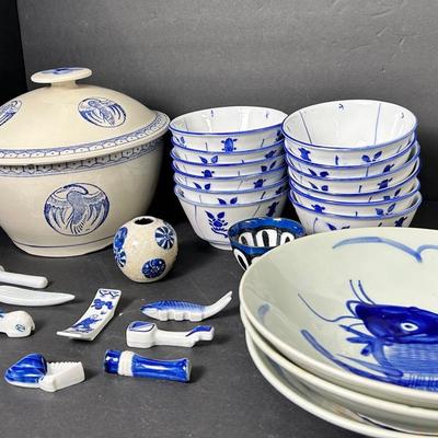 Blue & White Asian Ceramics Chopsticks Rests, Lidded Bowl, 9” Diameter Fish Bowls, More