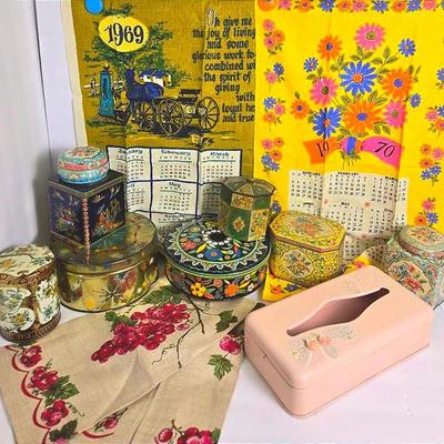 Vintage Tea & Biscuit Tins Including Daher, Vintage Tea Towels, Metal Tissue Box