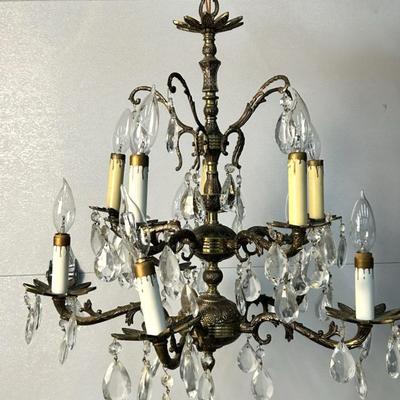 Vintage Chandelier With Crystal Prisms - 19” Diameter, 23” Drop