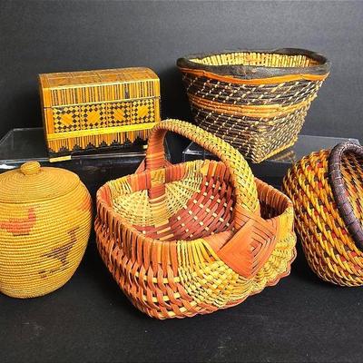 Vintage Native Alaskan Style Basket 5.5”h, Anne Bowers Baskets, Reed & Leather Strips Basket, More