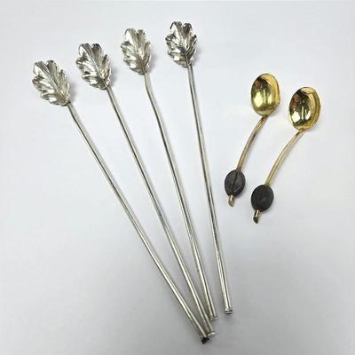 Vintage 800 Silver 8" Iced Tea Spoons (4) + Art Deco 4” Gilded Coffee Spoons (2)