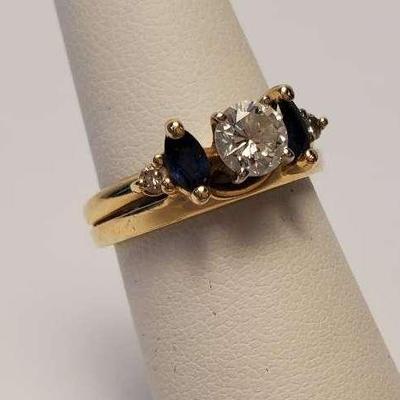 14K Gold Diamond (.58 TCWT) & Sapphire Ring With Fused Bands - Size 6