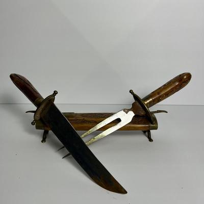 Vintage Double-Ended Knife & Fork Set – Brass & Hand-Carved, 18", Wood Scabbard