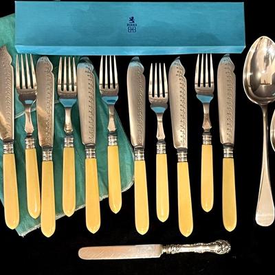 Vintage Atkin Brothers Silverplate Fish Knife Set For 6, 2 Serving Spoons,& Wm. Rogers Butter Knife
