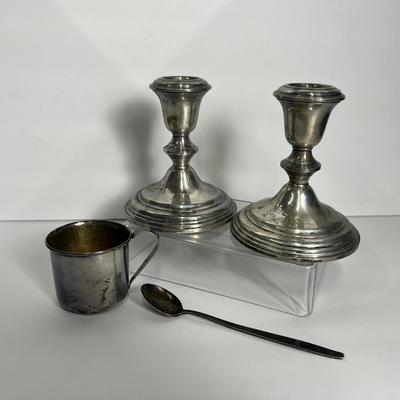 Weighted Sterling Silver Candlesticks 4.5” And Sterling Baby Cup & Spoon