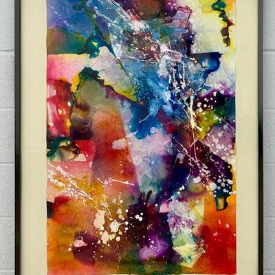 Signed Abstract Expressionist Painting – Mixed Media on Paper, Framed 46x33"