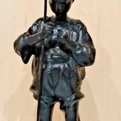 Vintage USSR Kasli Cast Iron Sculpture – Fishing Boy, 14" Tall