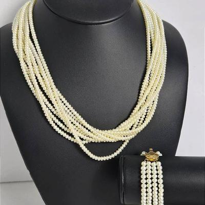 14K Gold Clasped Multi-Strand Freshwater Pearl Necklace & Bracelet