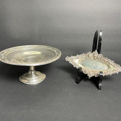 Sterling Silver Marked Antique Sheffield Repousse Calling Card Tray (Monogramed) & Pedestal Dish