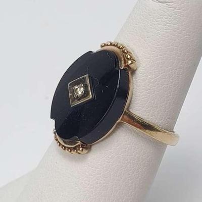 10K Gold (Marked) Onyx & Diamond Ring - Size 5