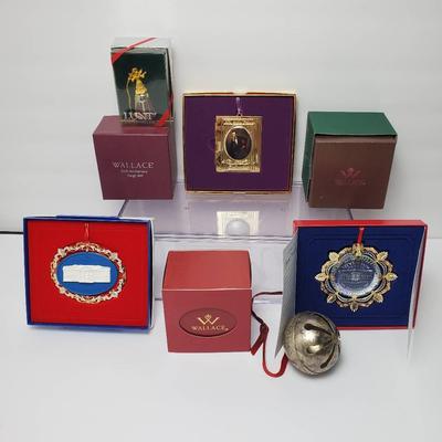 White House Christmas Ornaments (3), Wallace Silver Plate Bells (4), Lunt Bell