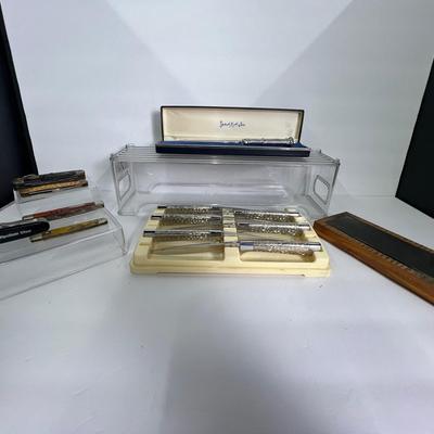 Vintage Pocket Knives (5), Sharpening Stone, Kirk Pewter Letter Opener, Carvel Carving Knife Set (6)
