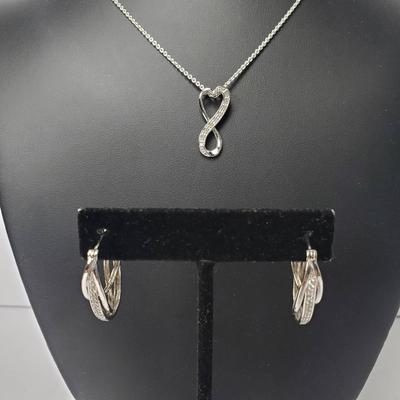 Sterling Silver Diamond Earrings & Diamond Slide Pendant On 18" Necklace
