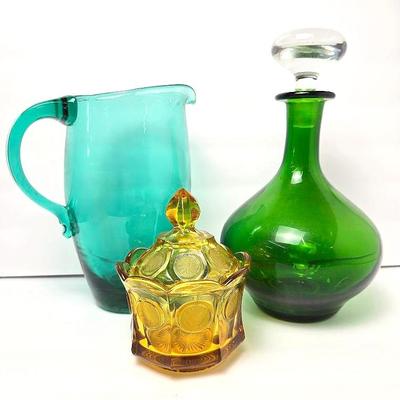 Blenko Signed Sea Green Glass Pitcher, Unmarked Decanter, Fostoria Amber Coin Dot Candy Dish 