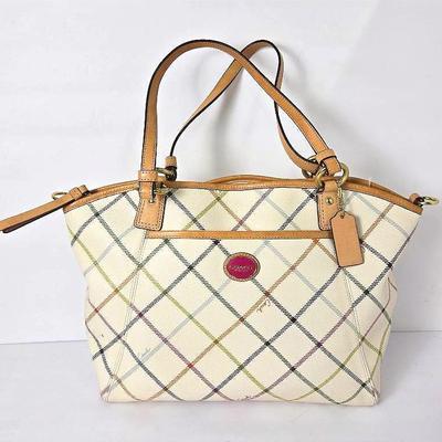 Coach, Tattersall Peyton Plaid Bag, 17”L, 10”H, 9.5”Shoulder Drop
