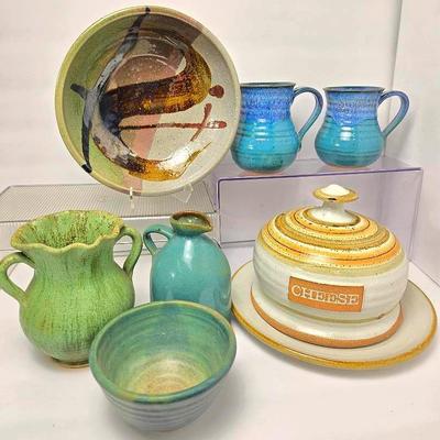 Art Pottery: Blue Mugs, Cheese Saver, Vermont Maple Orchards Bottle, More