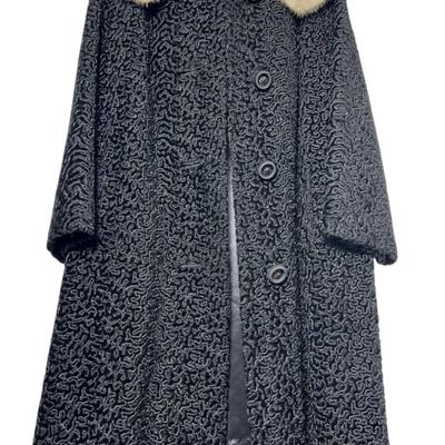 Vintage Astrakhan Black Persian Lamb Fur Coat with Mink Collar -French Made Astrakin by Fairmoor - M