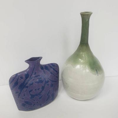 Purple & Green Pottery, Signed, 2 Pieces