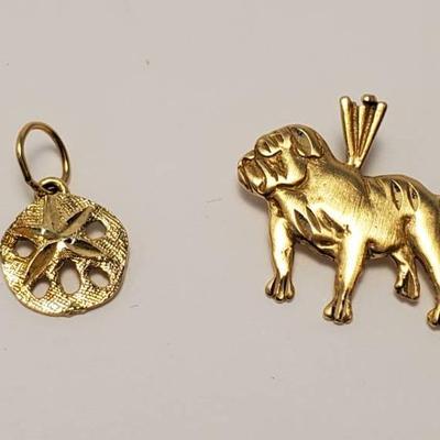14K Gold Marked Pendants: Michael Anthony Bulldog & Sand Dollar