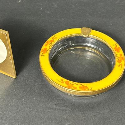 Vintage Cloisonné Enamel & Glass Art Deco 4" Ashtray + Matching Matchbox & Mini Frame