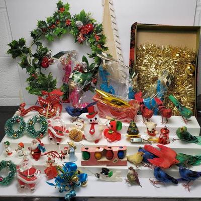 Vintage Christmas Decorations: Honeycomb Tree, Sealed Kurt Adler Flocked Ornaments, More
