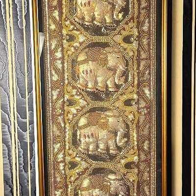 Vintage Burmese Kalaga Elephant Wall Hanging – Framed Silk Tapestry, 16x58"