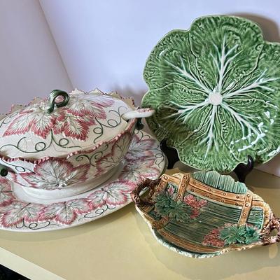 Vintage Majolica Dish & Portuguese Ceramic Tureen & Cabbage Leaf Platter 