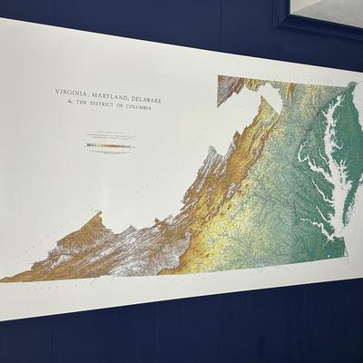 Topographic wall map featuring Virginia, Maryland, Delaware, and the District of Columbia, 64x34”