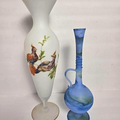 Art Glass Vases: 15" Hand-Painted Bird Vase & 12" Frosted Blue Swirl Ewer,
