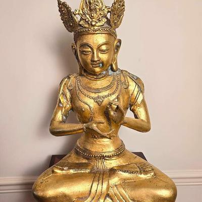 Gilded Southeast Asian Buddha Statue Seated in Dharmachakra Mudra, 9x12x19"