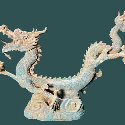 Cast Iron Asian Dragon Figure with Verdigris Finish - 22x5x16"
