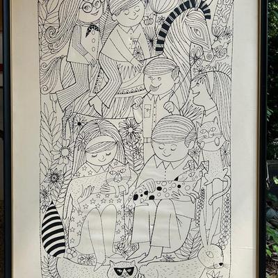 Artist Signed Mid Century Children with Animals Line Art Print, Framed 42x21"