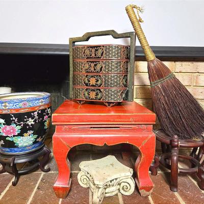 Asian-Inspired Decor: Lacquer Wedding Basket, Famille Noir Planter, Red Stand & More