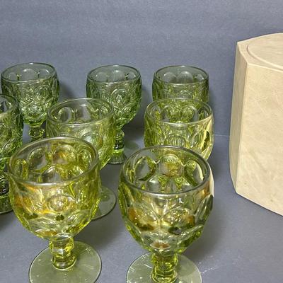 Vintage Imperial Glass Provincial Green Goblets (9) & Kraftware Ice Bucket 