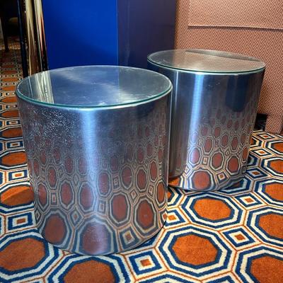 Vintage Postmodern Metal Drum Style Side Tables with Glass Toppers, 18x18