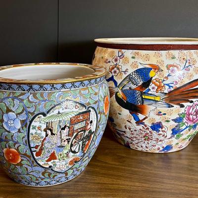 Asian Koi Pots / Jardineres (2) - 15" Dia, 13" H & 12" Dia, 10" H