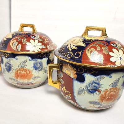 Large Vintage Japanese Imari Style Porcelain Lidded Bowl Pair, 12"