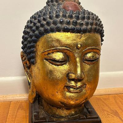 Gilt Cast Iron Buddha Head Sculpture on Wooden Base – 14" 