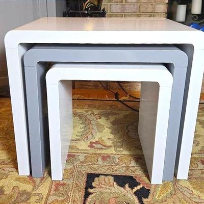 Modern White and Gray High-Gloss Nesting Tables, 14x12x15 to 22x16x19