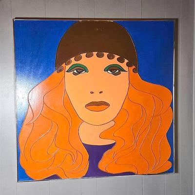 Pop Art Style Portrait Painting with Blue Background, Framed 40x40"