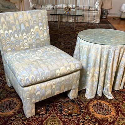 Vintage  Modern Upholstered Chair w/ Side Table – 24x28x32" & 24x24x23"