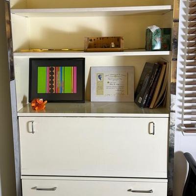 Vintage Modern White Laminate & Chrome Trim Bookshelf with Drop Front Bar / Desk & Drawers,38x15x84"