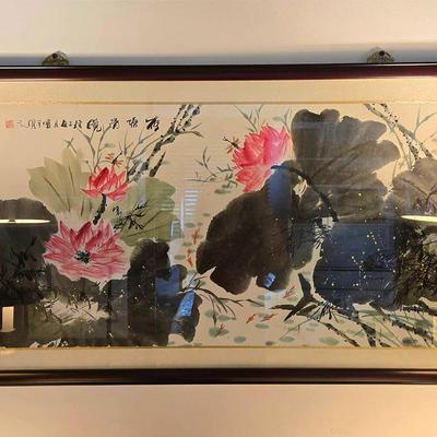 Chinese Ink & Watercolor Lotus Painting with Calligraphy & Artist Seal, Framed 49x25"
