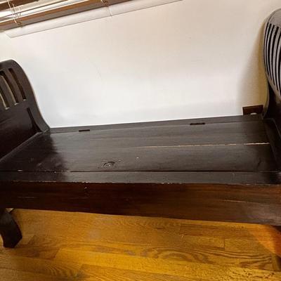 Vintage Solid Wood Bench – Curved Back & Legs, Dark Finish, 50x18x32"