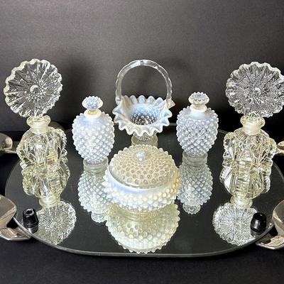 Vintage Fenton Hobnail Opalescent Glass Vanity Pieces, Crystal Perfume Bottles on Mirror Tray