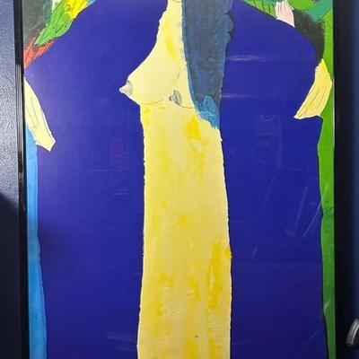 Large Contemporary Stylized Figural with Parrots Print, Framed 62x34” 