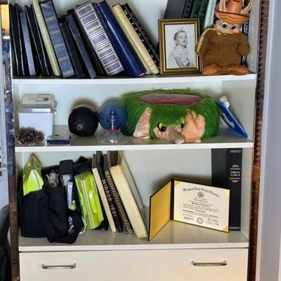 Vintage Modern White Laminate & Chrome Trim Bookshelf with Drawers, 38x15x84"