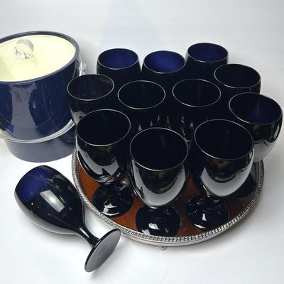 MCM Barware: Libbey Black Amethyst 7" Goblets (12), Lucite Ice Bucket & Wood Grain Tray