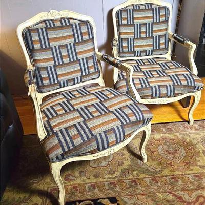 French-Style Carved Armchair Pair with Geometric Upholstery. 25x20x36"