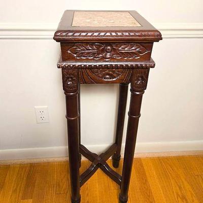 Ornate Carved Wood Pedestal Stand with Marble Inset Top, 11x11x36"